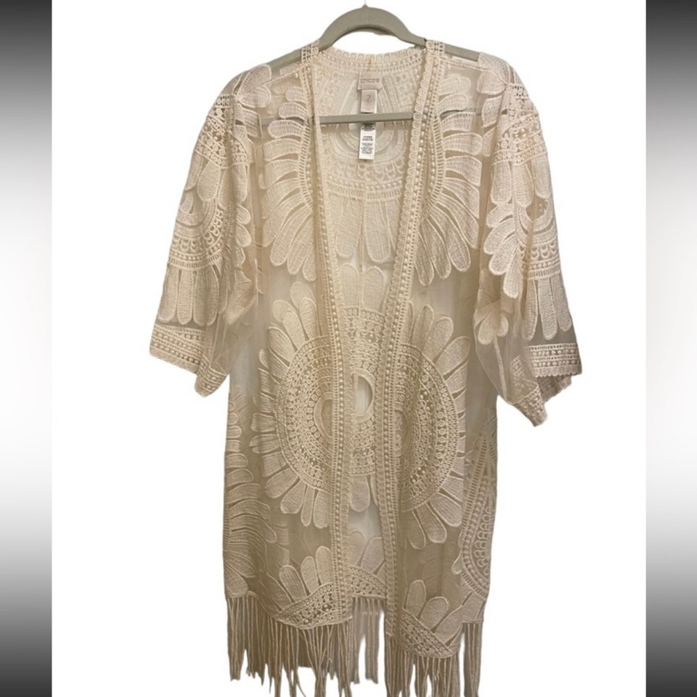 Chico’s Size 2 (Large) Ecru Sheer Open Jacket with Fringe